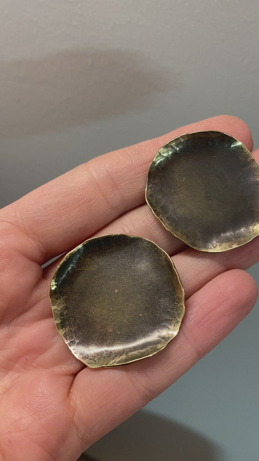 Wilts Button Earrings – Patina Brass Discs with Hammered Edges