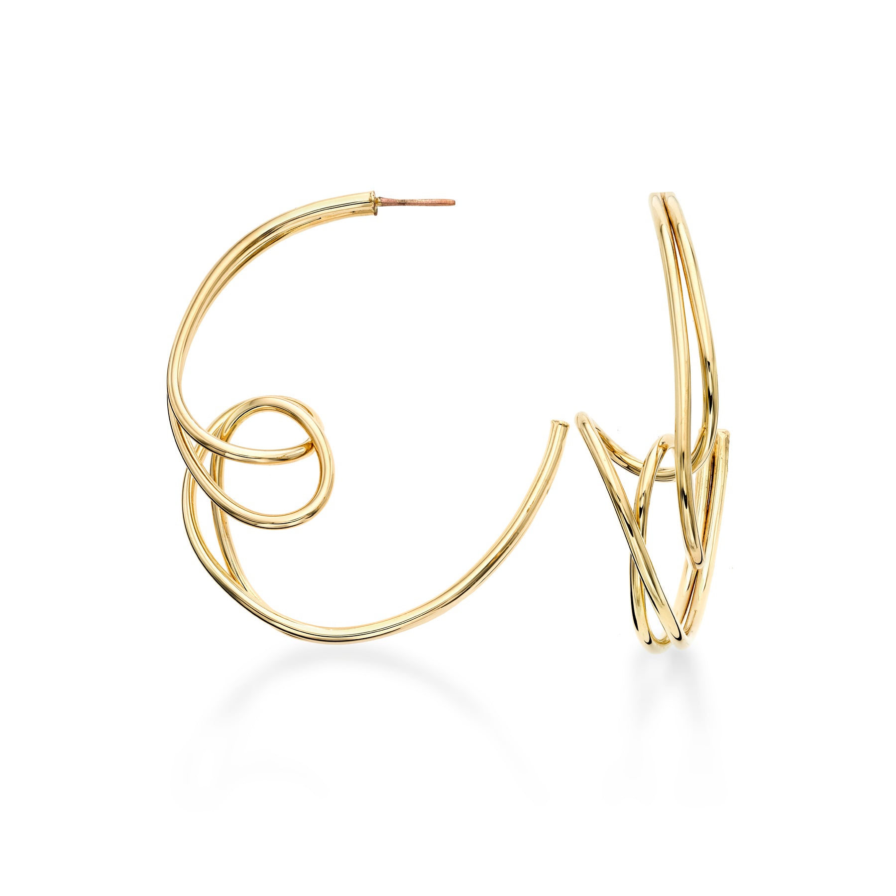 "Mademoiselles" is a another take on a traditional hoop design Light, sculptural and airy with post and clutch back.   ~ 2" in diameter  ~ hand fabricated brass wires create this light and airy earring. Finished with 14k nickel free gold plating. 