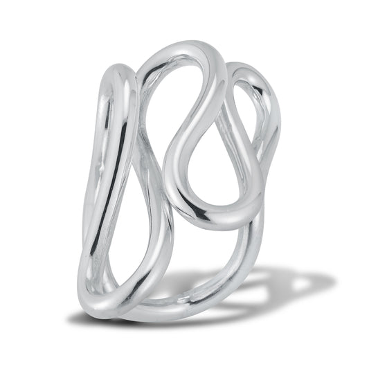 This is a freeform hand fabricated ring. It's truly a sculptural piece one that is unique in the way the shape flows, but also each piece will bend slightly differently as I hand form each ring.  It is made out of 3mm sterling silver wire. Ring is finished in high polish.  It's about 1.5" long and 1" wide on the top. I suggest you wear it on the middle finger for best statement as well as perfect fit between the fingers.   Hand crafted in Brooklyn, New York