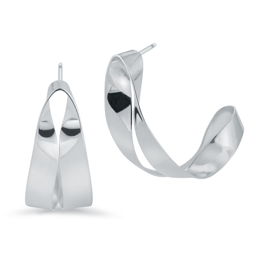 This unique hoop earring is created out of a single sheet of sterling silver. I roll down a thicker sheet to have a long piece that I can join and fabricate into this interesting ribbon-like form.   It's a very light earring, easy to wear and frames the face in a lovely way.   ~1.75" long and .5" wide  ~ post back with clutch  Handmade in Brooklyn, New York