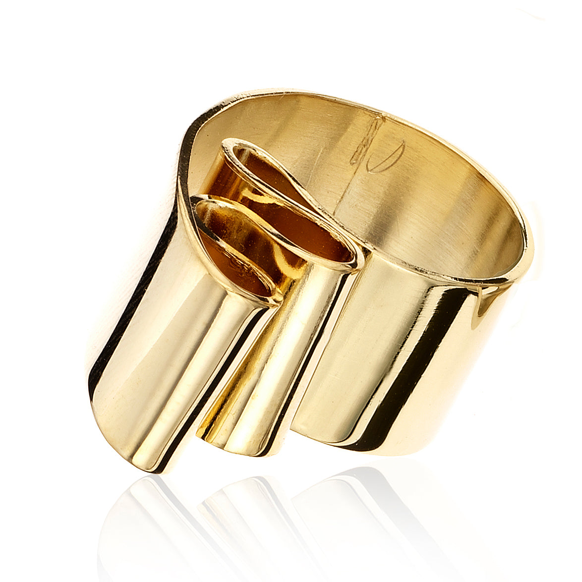 This is a ring with unexpected sculpturality, viewed from different angles.I tend to wear mine as a pinky ring but I love how you can change the position of the ring so it covers almost the adjacent finger.. ~.5 inches wide and height varies .25-.45" above from the finger. Name Tagliatelle came from seeing this ring as though ribbons of pasta were pulled and gently allowed to fold onto itself.
