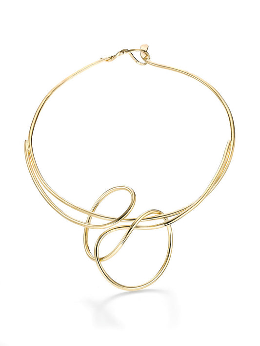 Hand bent gold plated brass wire necklace. This was an exercise in controlled chaos! This collar/pendant necklace is feminine, sculptural unique piece of jewelry! This is a simple elegant piece that is light and easy to wear and sits around the most sensual part of woman's body, and that is her collar bone.  It is hand formed out of 3mm thick wire.The central section is about 3-4" wide, it's free form so it's not an exact size.