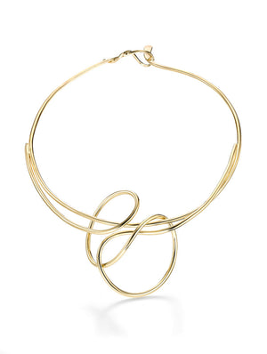 Hand bent gold plated brass wire necklace. This was an exercise in controlled chaos! This collar/pendant necklace is feminine, sculptural unique piece of jewelry! This is a simple elegant piece that is light and easy to wear and sits around the most sensual part of woman's body, and that is her collar bone.  It is hand formed out of 3mm thick wire.The central section is about 3-4" wide, it's free form so it's not an exact size. 