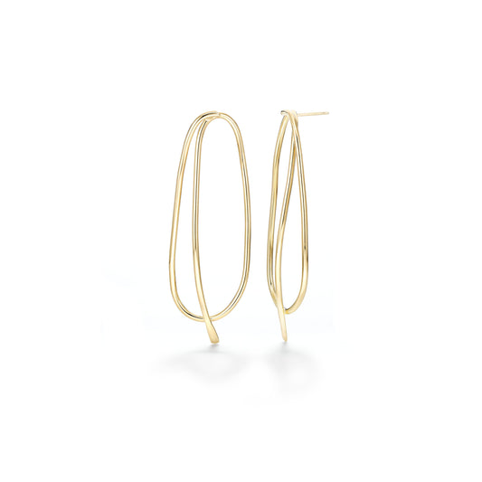This earring design  is loosely based on our logo as I always loved the simplicity of this shape and thought it could become something more than just a line drawing. Airy and beautiful as the curves compliment the face...  ~2.5" long  ~ post in the back is hidden behind the wire  Hand fabricated in brass wire and finished with 14k nickel free gold plating  Available in sterling silver