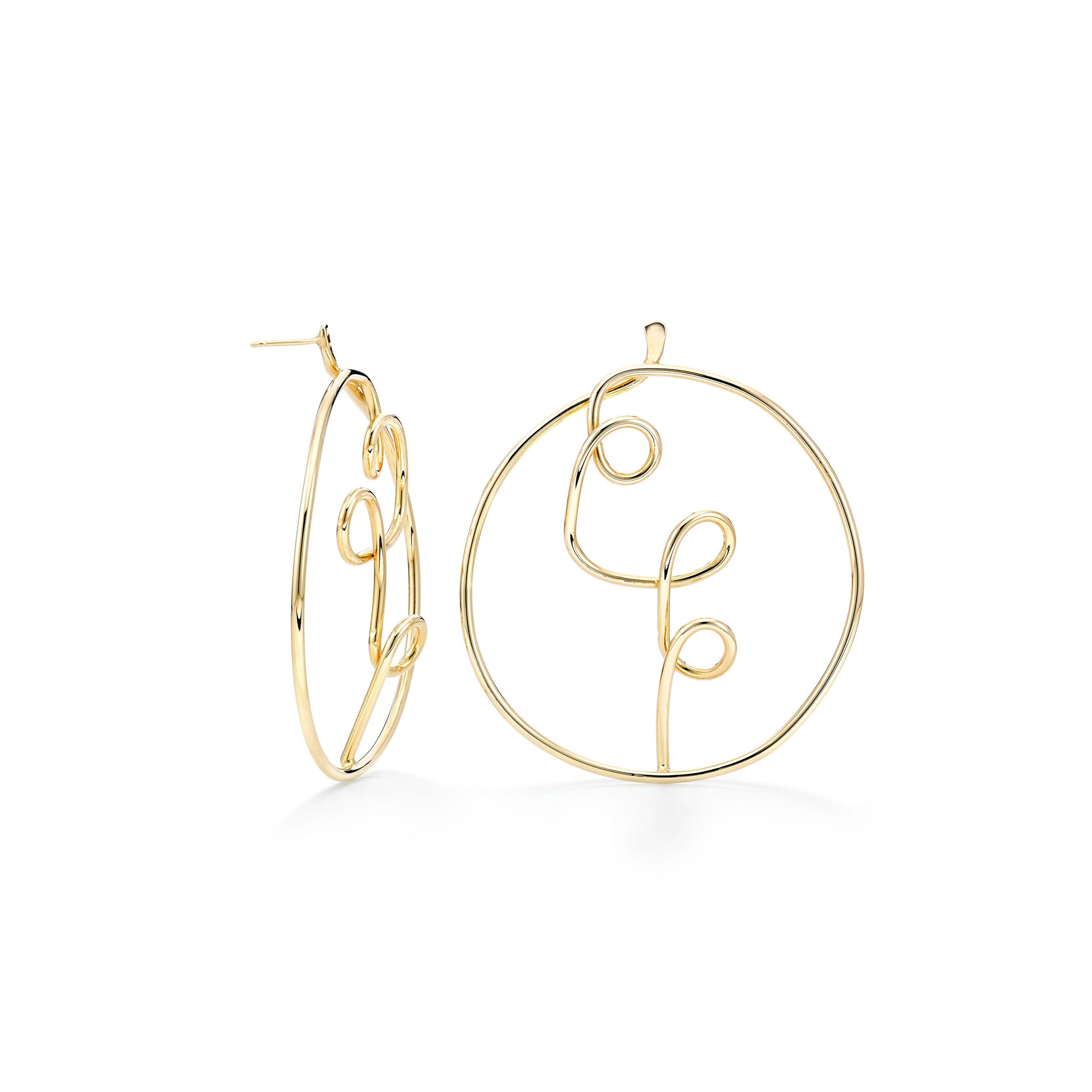 Dramatic frontal earring. This is a wire sculpture on your ear. One continuous wire formed and coiled to create an interesting light and airy but bold shape.  ~  2" in diameter    ~ Gold filled post with back.  Hand fabricated in brass with 14k nickel free gold finish  Also available in sterling silver!