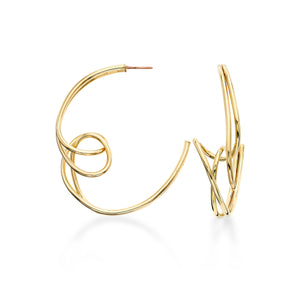 "Mademoiselles" is a another take on a traditional hoop design Light, sculptural and airy with post and clutch back.   ~ 2" in diameter  ~ hand fabricated brass wires create this light and airy earring. Finished with 14k nickel free gold plating. 
