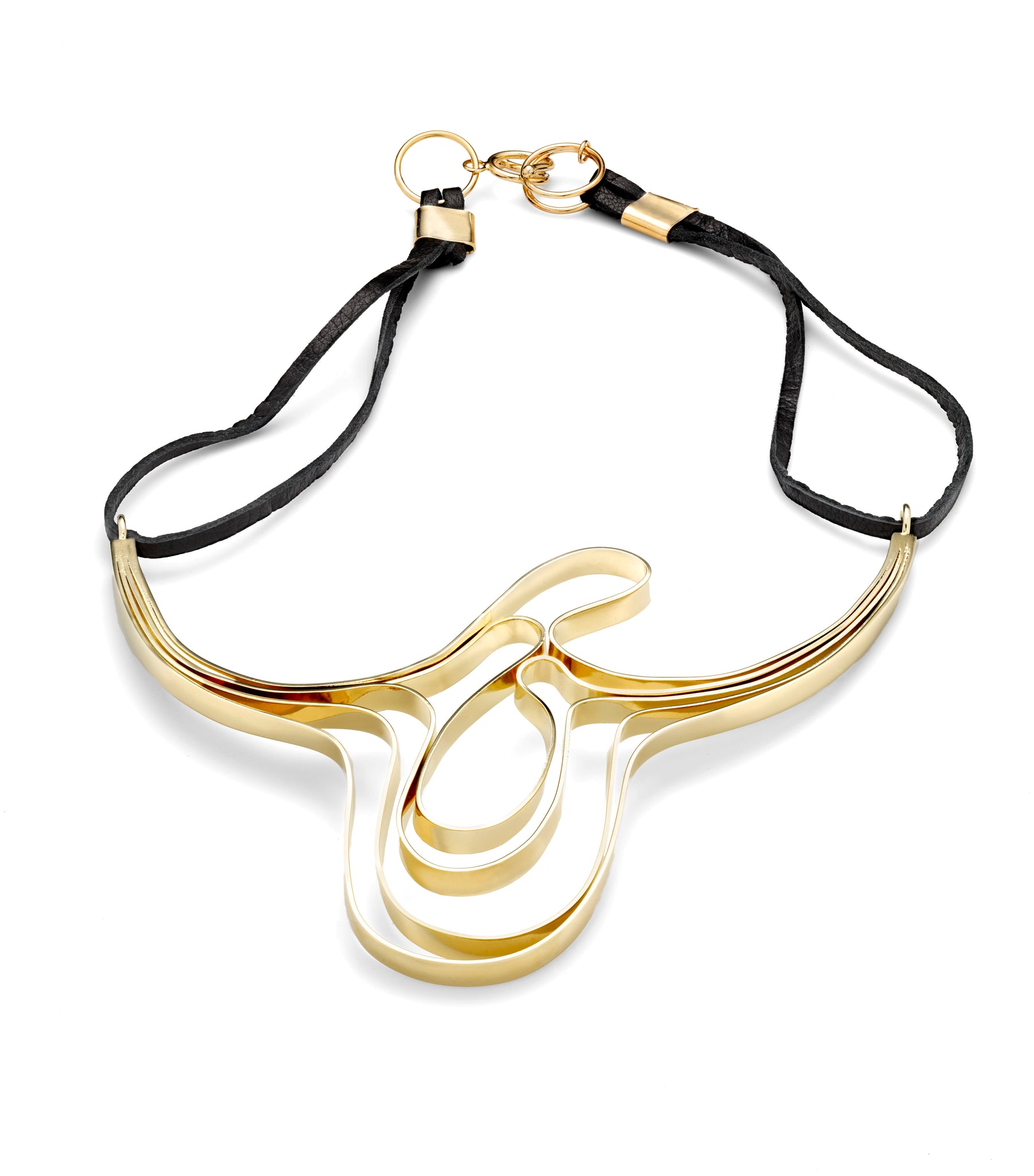 This necklace sits beautifully on the chest and because of the sculptural nature of that top curve it makes the viewer drawn to the wearer's face. It is a very complimentary piece that sits right below the collar bone.  Approximately 4" by 4", finished with soft genuine leather and proprietary Oblik Atelier hook closures.  It is hand formed in brass and finished in 14k nickel free gold plate.