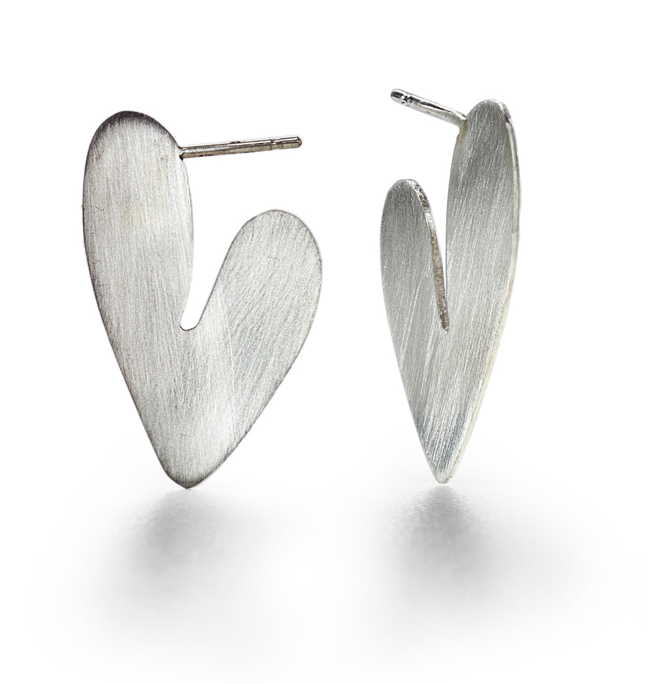 Each heart earring is cut by hand, with a satin finish, not a high polish. This means that each shape and size varies and you truly have one of a kind piece..   3 SIZES:  MINI- about .5"  SMALL- about 1"  LARGE - about 1.5" 