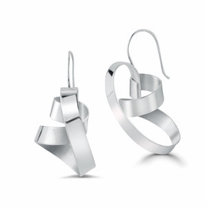 This is a beautiful and sensual earring in the Elemental collection. Made out of a continuous and wrapped strip of 5-6mm sterling silver sheet. Ear wire is integrated so it sits in the most perfect way from the ear.  The shape hugs the face  in such a complimentary way and you can choose which way the earring is worn.   Around 1.25-1.5" long depending on the coil, and about .5" wide  It is lightweight because it is hand fabricated out of sheet of sterling silver. 