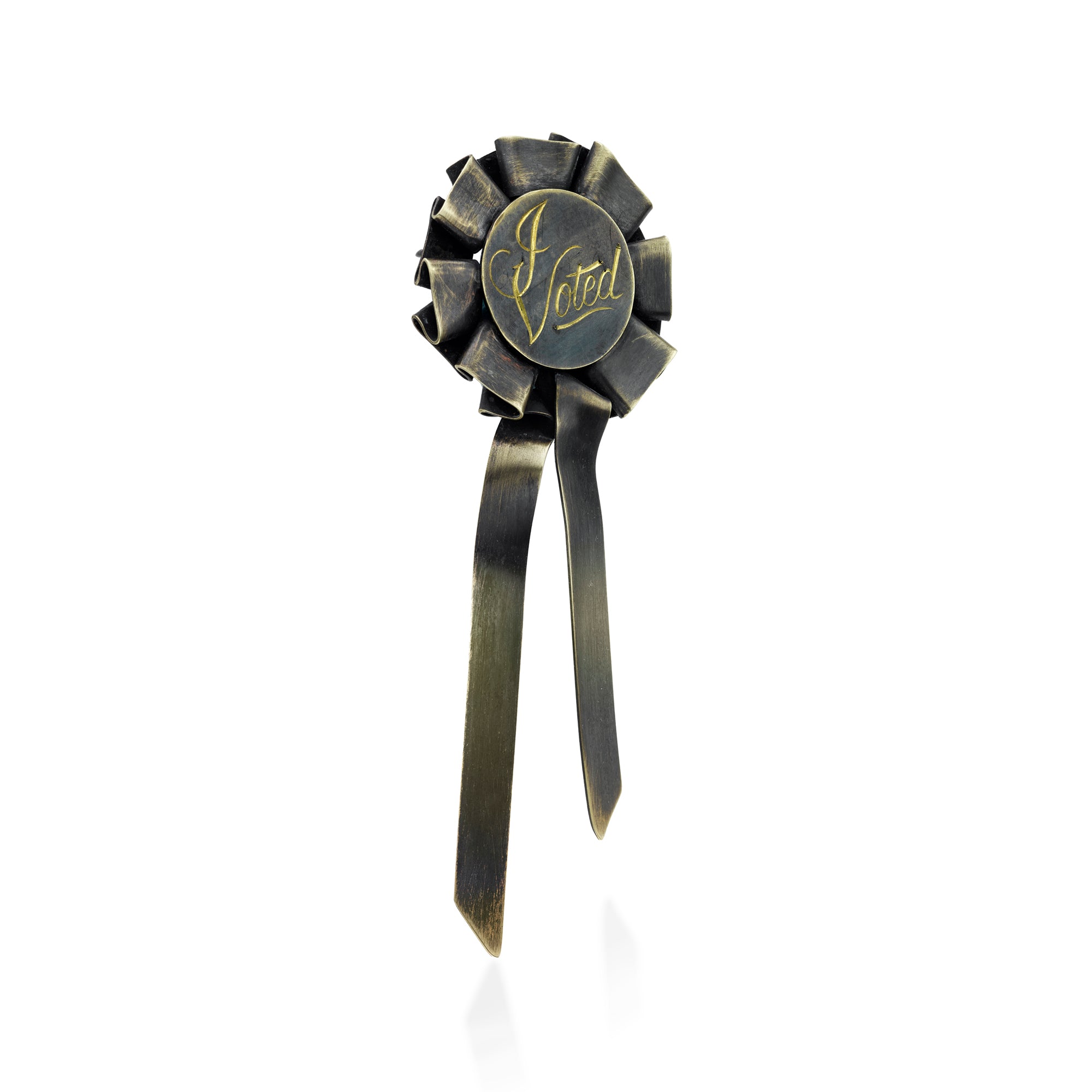 Limited edition of "I Voted" pins created in response to the centennial of the 19th amendment ratification. Made in brass with patina, only an edition of 7 is made. It is 4.5"x1.5"x.25" in size. 