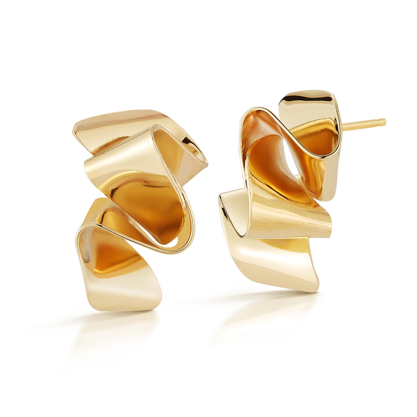 Beautiful play of two twisted and folded pieces to create a small drama on your ear. Each piece is hand cut and folded so no piece is the same. They are fabricated out of a sheet of metal so they are light on your ear.   ~1.25" long and .5" wide  ~measurements vary slightly as it is a handmade piece  ~hand bent brass, finished with 14k gold plating  ~post back  ~nickel free plating 