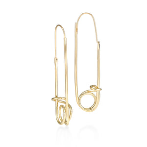 This earring is evocative of a safety pin. Wire moves to the side to enter the earlobe however  be gentle, we wanted to create a seamless design..  ~ 3" long   Hand fabricated in brass with 14k nickel free gold plating finish. 