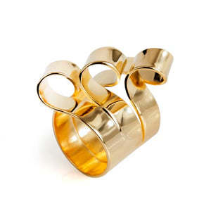 All Oblik rings have attitude. Triple threat is hand formed so it's bold and voluminous but easy to wear. This ring is your conversation piece..  ~1/2" wide and it sits about .25" on the finger  Hand fabricated in brass and finished with 14k nickel free gold plating. 