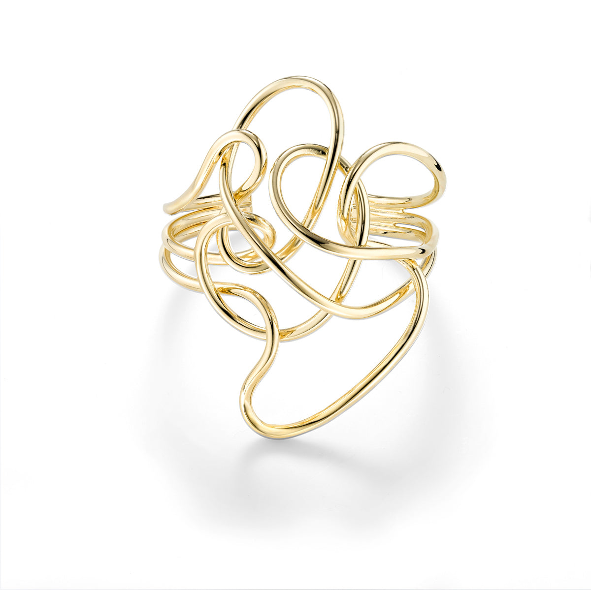 This cuff bracelet is truly one of a kind. Each piece is bent into a chaotic, yet fluid sculpture.  3mm wire is unforgiving when you start to bend it into sculptural shapes so each piece ends up being a unique gem.   You will have to trust that the process and the outcome as each one is unique.    Hand formed in brass and finished with 14k nickel free plating.  Send us an inquiry if you'd like a sterling silver piece. Also stop by Oblik studio in Brooklyn to try this on. It is a unique sculptural bracelet!