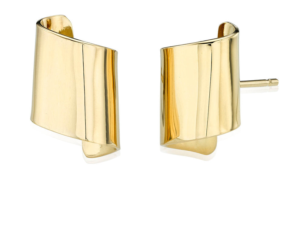 Smallest stud earring  in  Brass Band Collection   ~ 1/2" tall.  Post earrings, gold plated brass. Folded simple shape that can be worn couple of different ways. This is for the woman that likes smaller scale but still wants an interesting sculptural look that starts a conversation!   Hand fabricated in brass and finished with 14k nickel free gold plating.