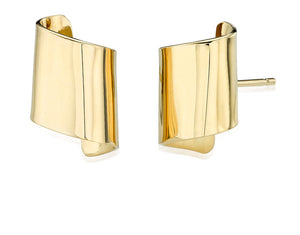 Smallest stud earring  in  Brass Band Collection   ~ 1/2" tall.  Post earrings, gold plated brass. Folded simple shape that can be worn couple of different ways. This is for the woman that likes smaller scale but still wants an interesting sculptural look that starts a conversation!   Hand fabricated in brass and finished with 14k nickel free gold plating.