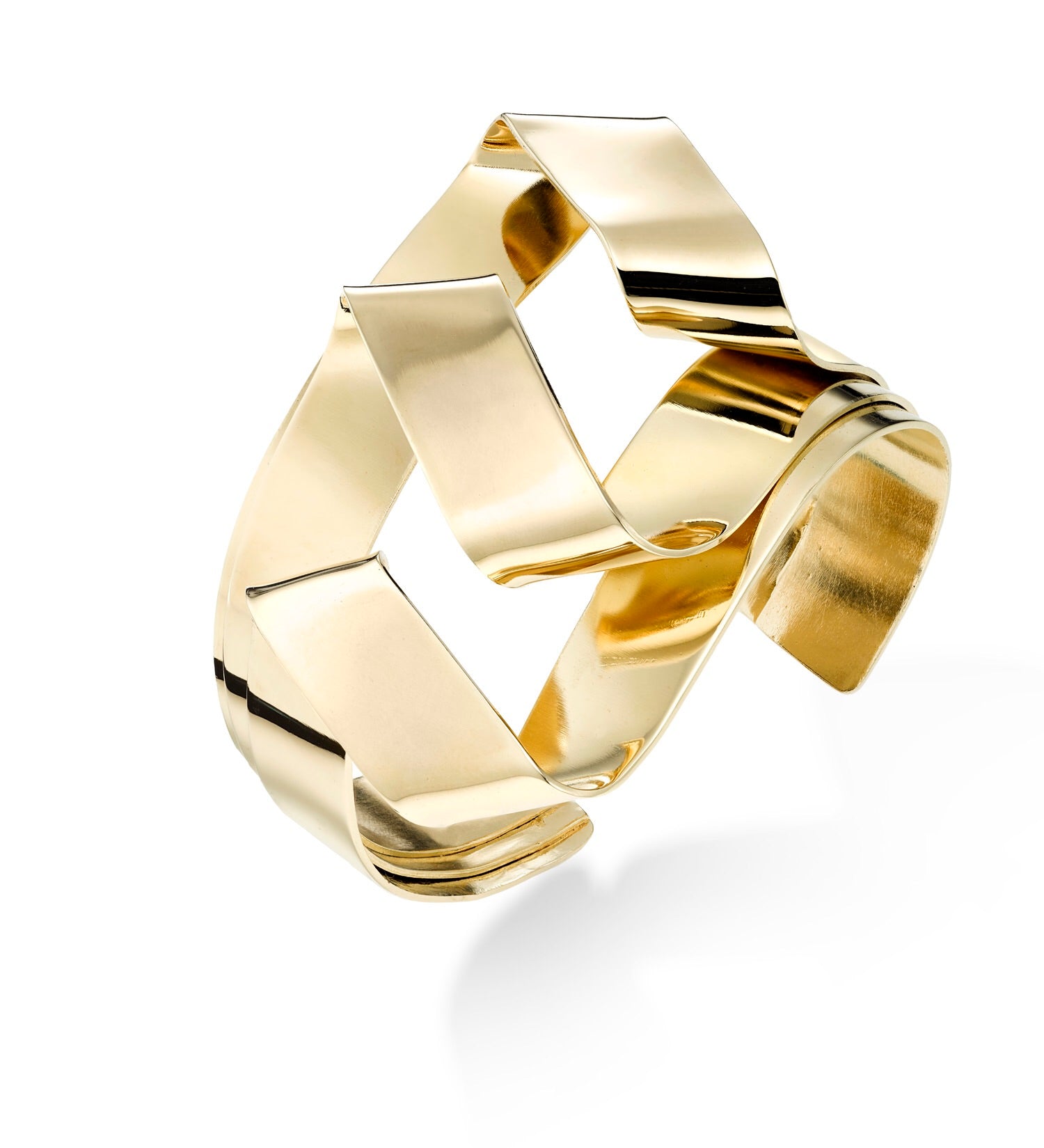 Bold deco inspired cuff bracelet. It's a statement piece a bit more architectural than the other sinuous Oblik Atelier pieces   ~ 1.75-2” wide approximately as each piece is hand made.  Hand fabricated in brass and finished in 14k nickel free gold plating.