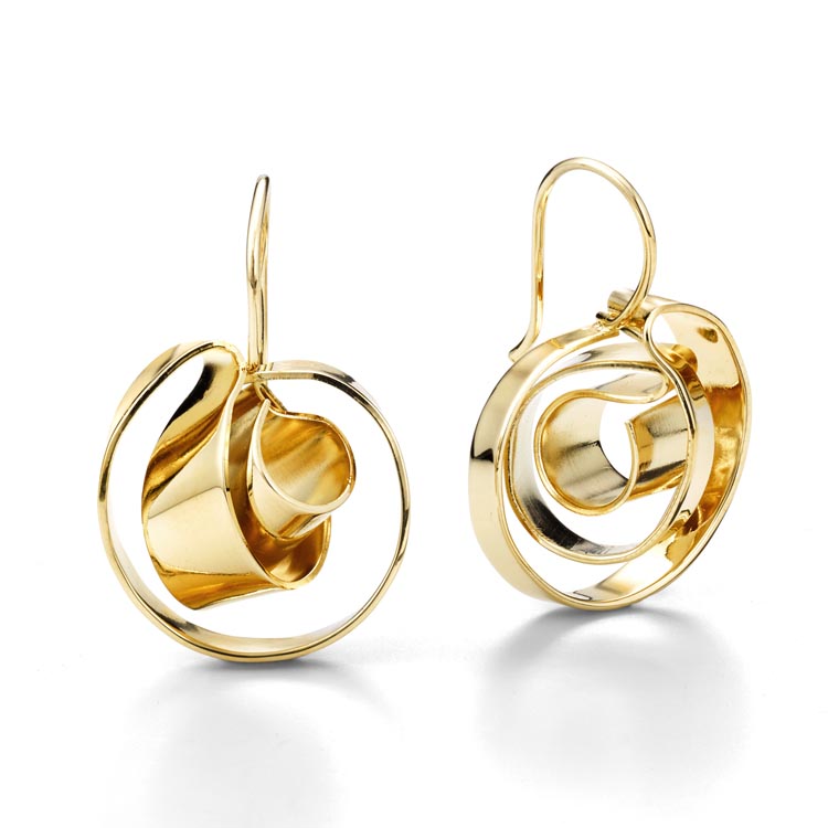 Mobius is made out of a single flat sheet and it's formed into a small three dimensional shape. This is Oblik Atelier doing small scale  ~ 3/4" in diameter  ~ earwire is integrated into the design.   Each earring is hand formed in brass finished with 14k nickel free gold plating finish