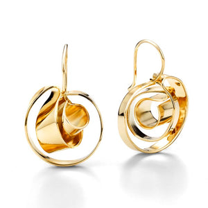 Mobius is made out of a single flat sheet and it's formed into a small three dimensional shape. This is Oblik Atelier doing small scale  ~ 3/4" in diameter  ~ earwire is integrated into the design.   Each earring is hand formed in brass finished with 14k nickel free gold plating finish