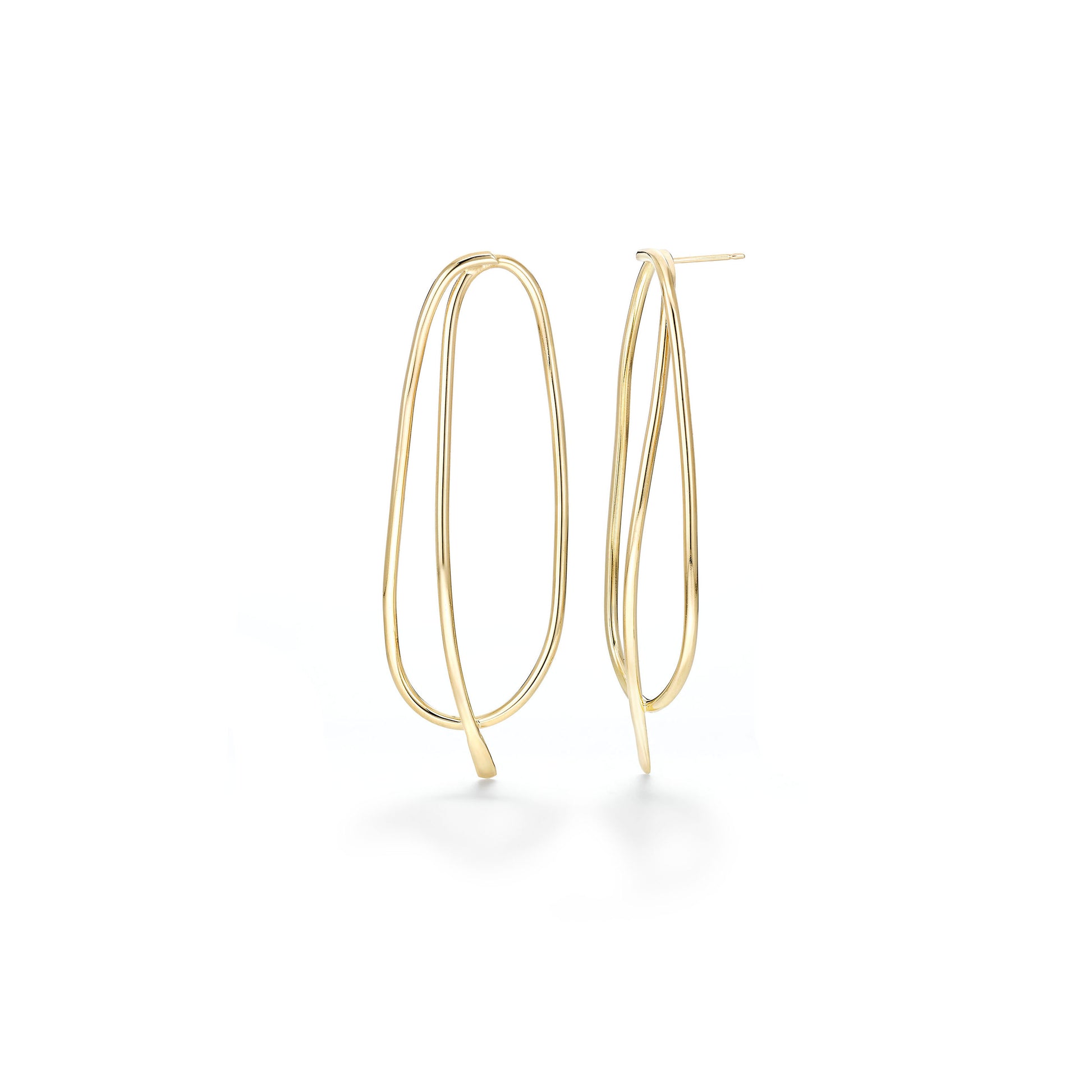 This earring design  is loosely based on our logo as I always loved the simplicity of this shape and thought it could become something more than just a line drawing. Airy and beautiful as the curves compliment the face...  ~2.5" long  ~ post in the back is hidden behind the wire  Hand fabricated in brass wire and finished with 14k nickel free gold plating  Available in sterling silver 