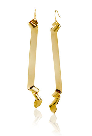 Ribbon is a classic, long, sleek and sensual earring the Brass Band Collection.   3" long and about 1/4" wide approximately . 